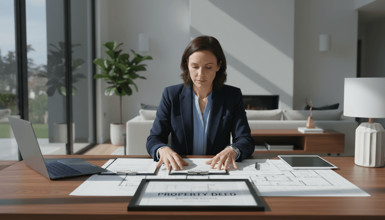 Professional real estate agent reviewing foreclosure documents at desk