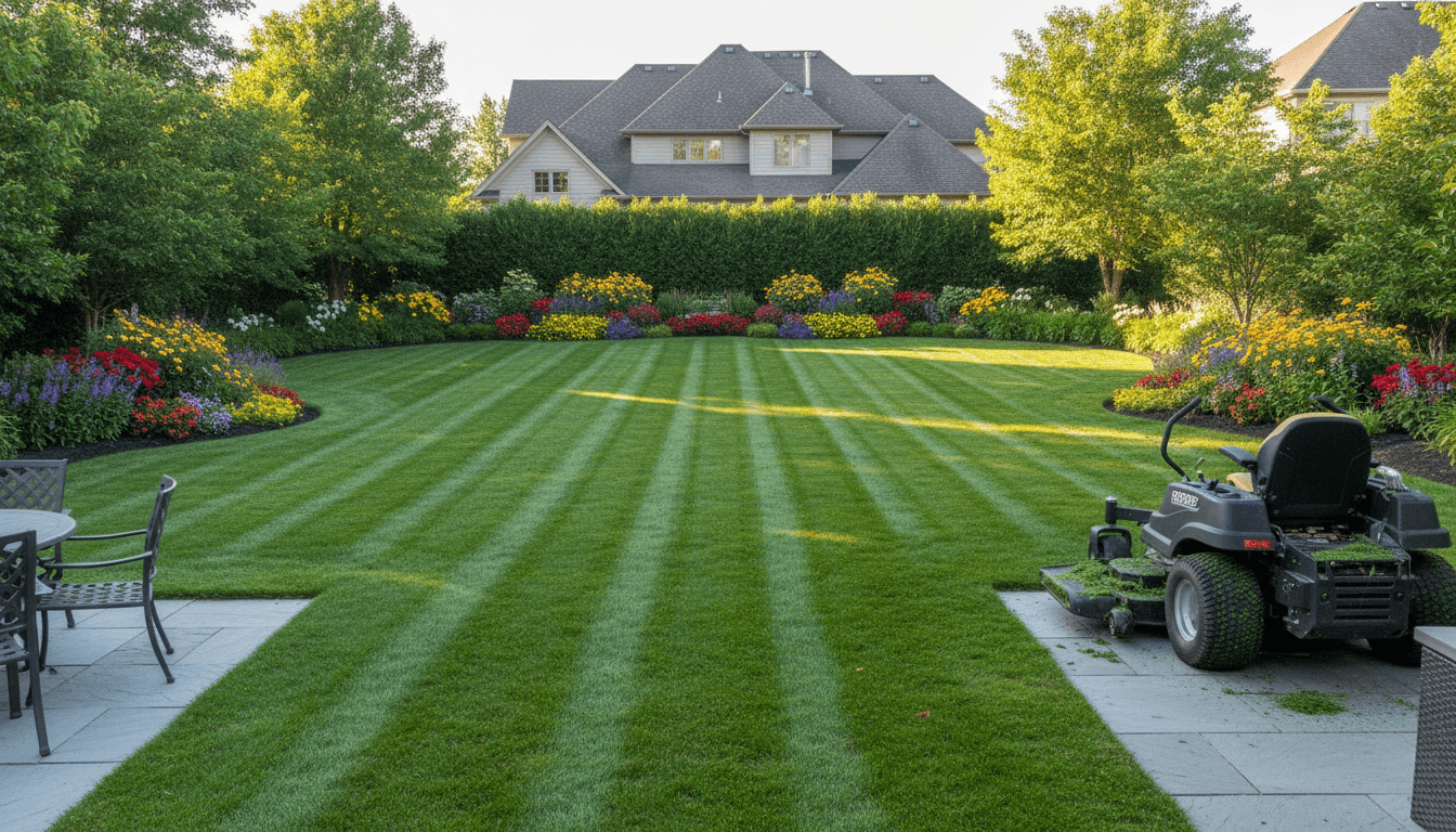 Immaculately maintained residential backyard with perfectly mowed lawn, trimmed hedges, and organized garden beds under afternoon sunlight